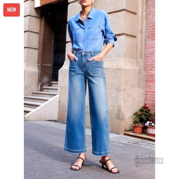 High Waisted Wide Leg Jeans Stretchy Straight Leg Ankle Denim Pants